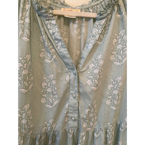 Sweet Magnolia Size Small Green Block Print Floral Cotton Tiered Maxi Dress - Picture 4 of 7